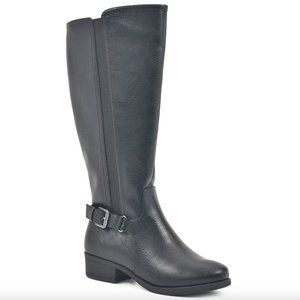 KNEE HIGH BOOTS 9.5 BLACK CROFT & BARROW BELT ACCENT SIDE ZIP FOAM FOOTBED